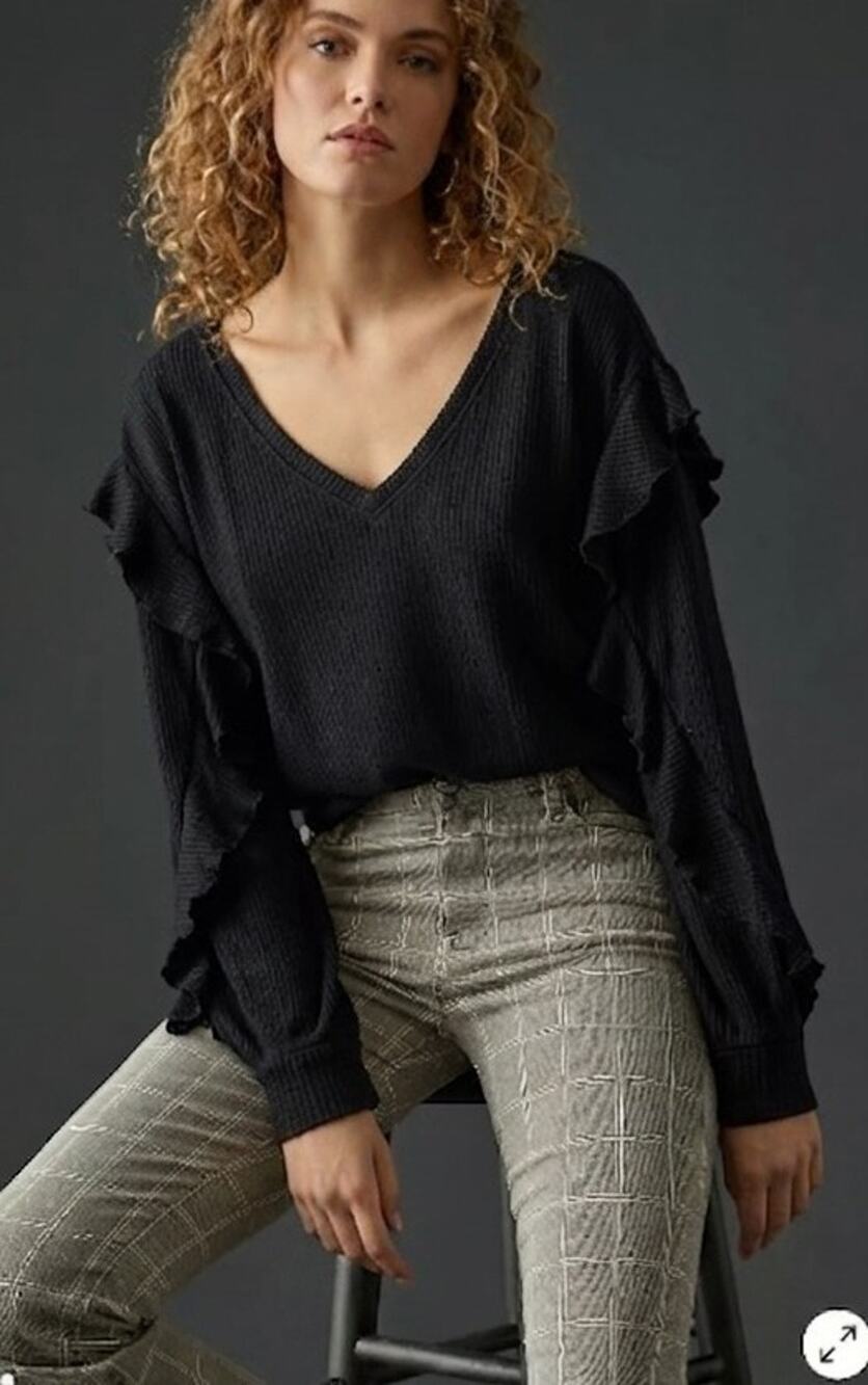 Pilcro Anthropologie Boho Waffle Knit Ruffle Sleeve V-Neck Top Black Small